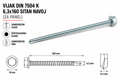 VIJAK DIN 7504 K 6,3x160 SITAN NAVOJ (ZA PANEL)